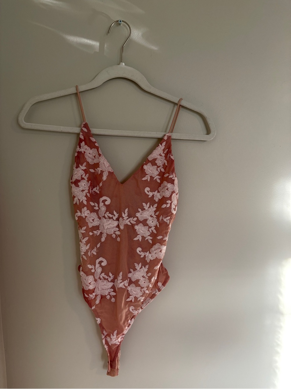 Forever 21 Coral Pink Floral Lace One-Piece Bodysuit